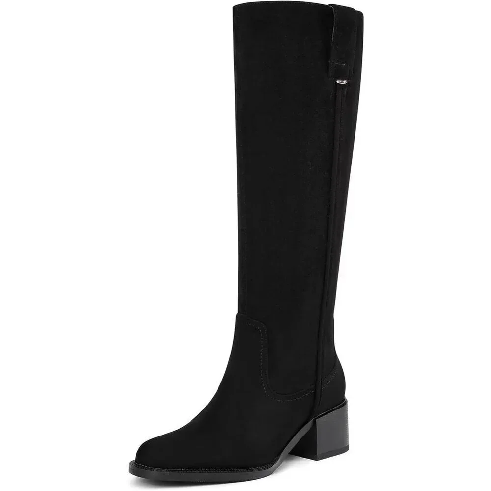Women's Suede Black Chunky Low Block Heel Round Toe Faux Leather Knee High Boots